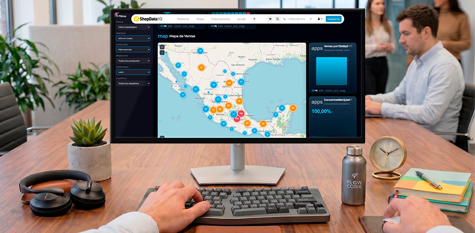 Mockup del dashboard GeaIQ Market en laptop con gráficas de ventas y órdenes