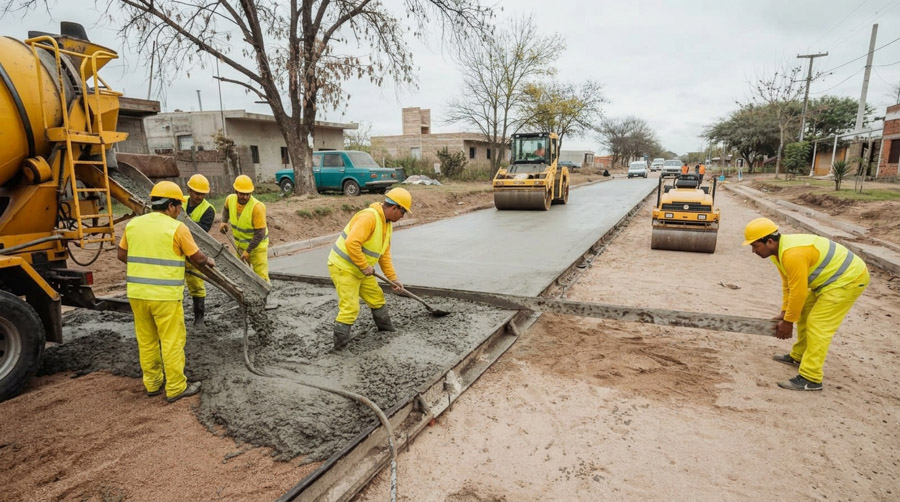 Cuadrilla municipal pavimentando una calle de tierra: obra pública en ejecución