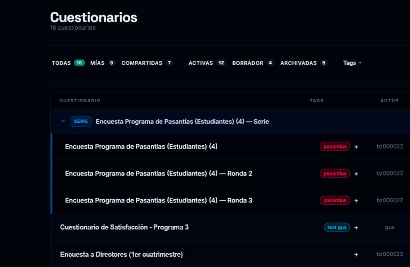 Lista de rondas de una serie con estados y fechas